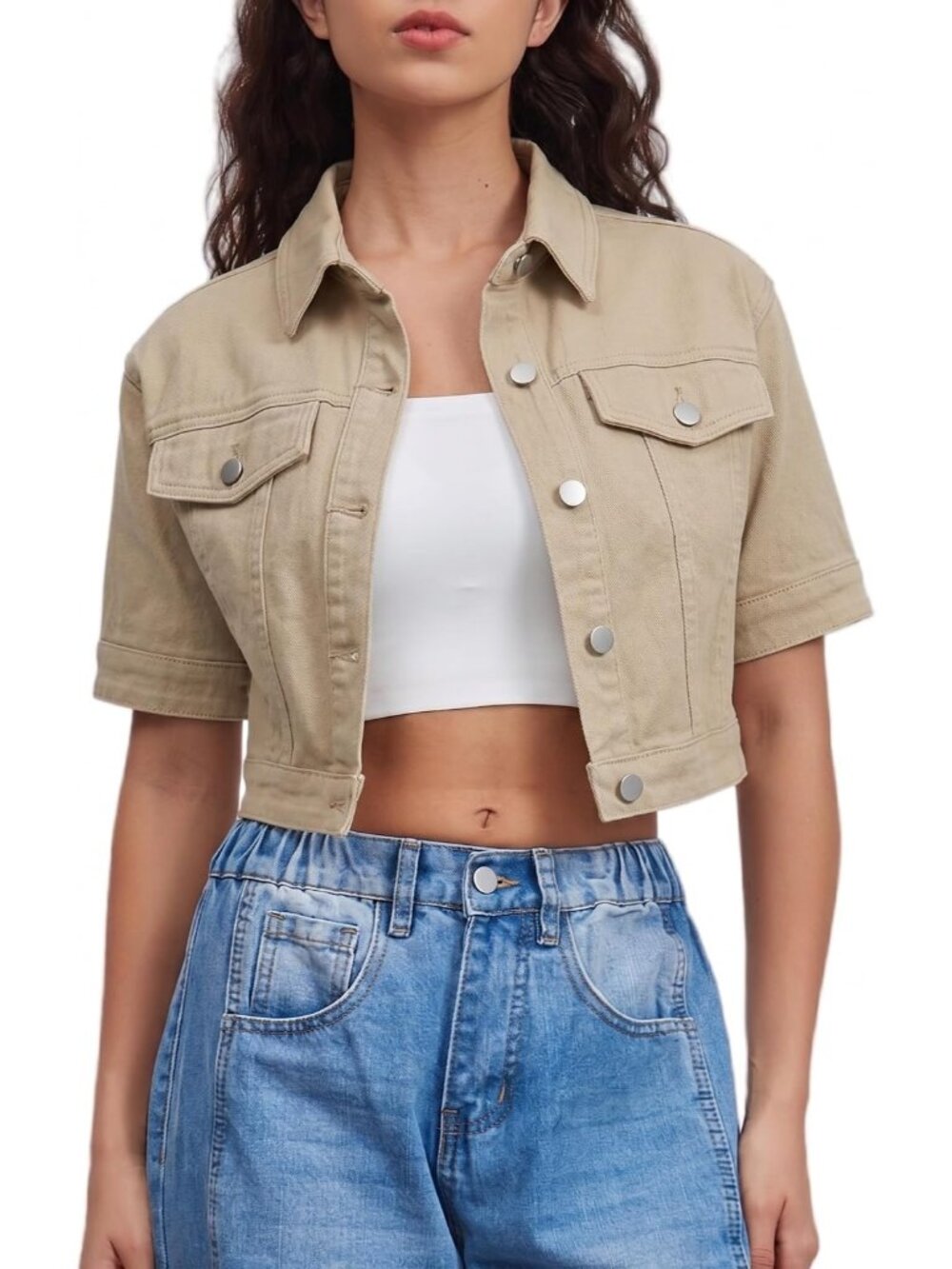 Women's Khaki Cropped Denim Jacket Short Sleeves Button Down Jean Jackets